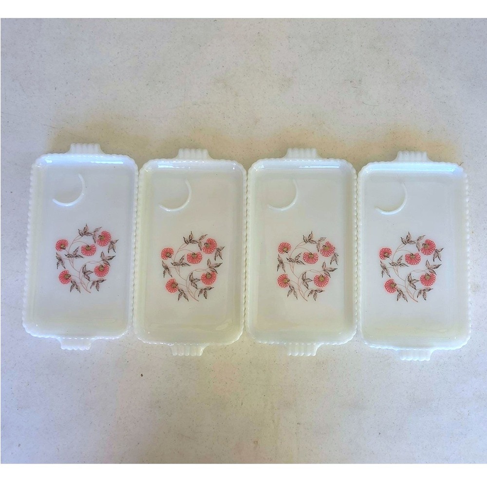 Anchor Hocking Fire King Fleurette Snack Platter Milk Glass Vintage 4 Piece Set